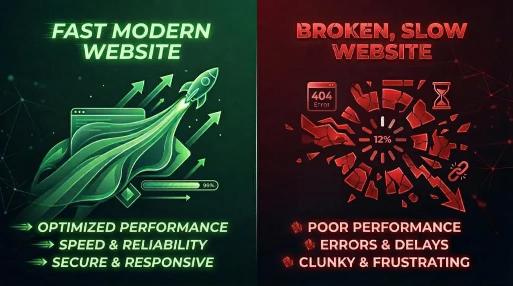 Comparison of fast modern website versus broken slow website with performance icons and text.