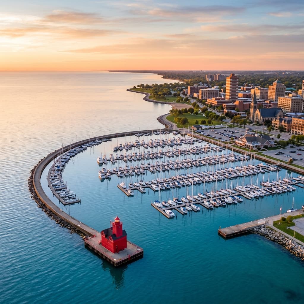Aerial view of Racine harbor and Lake Michigan at sunrise