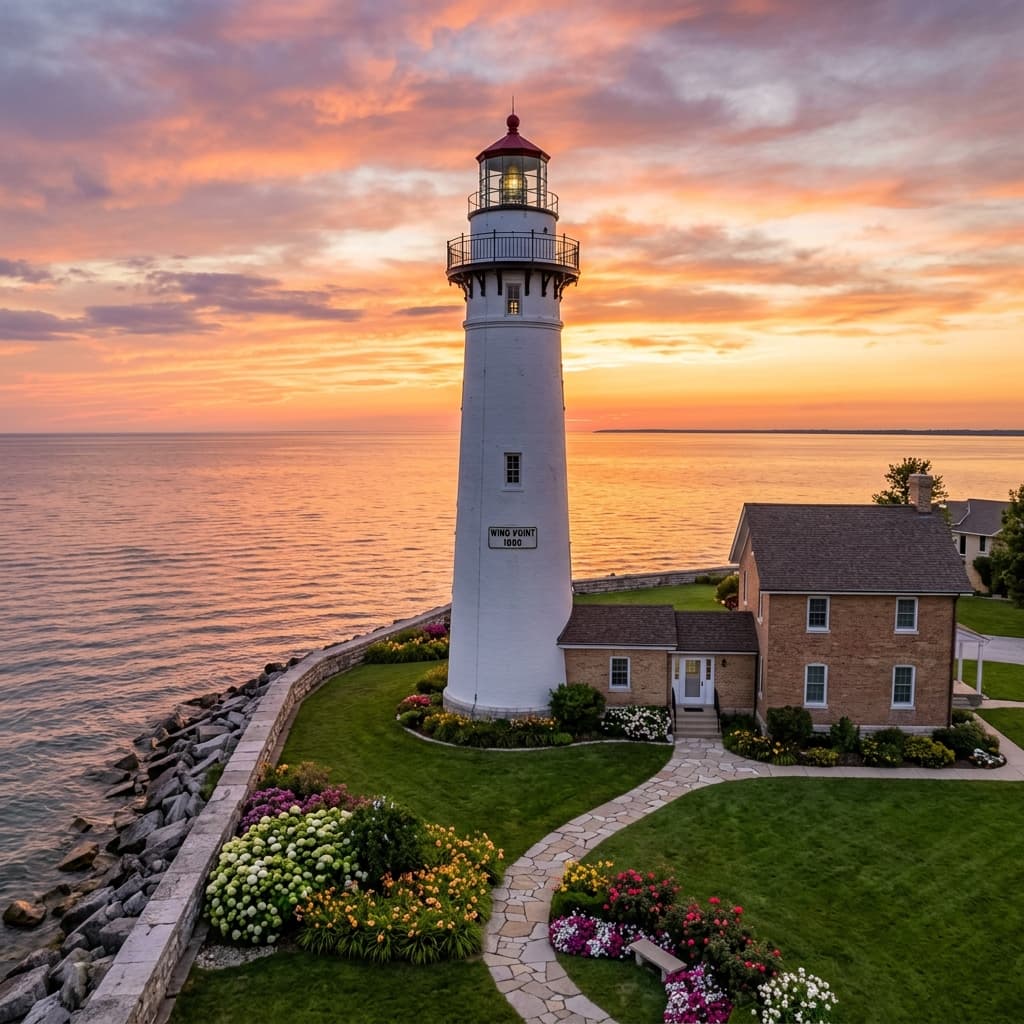 Wind Point Lighthouse in Racine, Wisconsin at golden hour