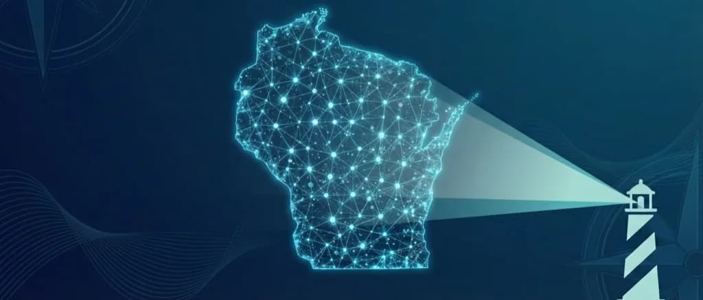 Digital map of Wisconsin connectivity network guided by a lighthouse beam, symbolizing technology.