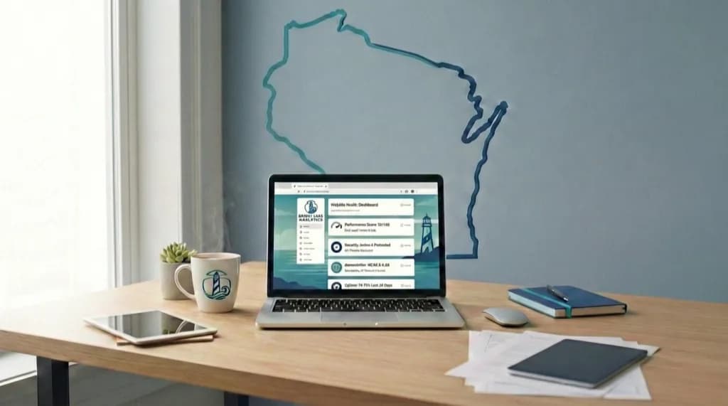 Laptop on a desk with a website dashboard and Wisconsin state outline wall art.