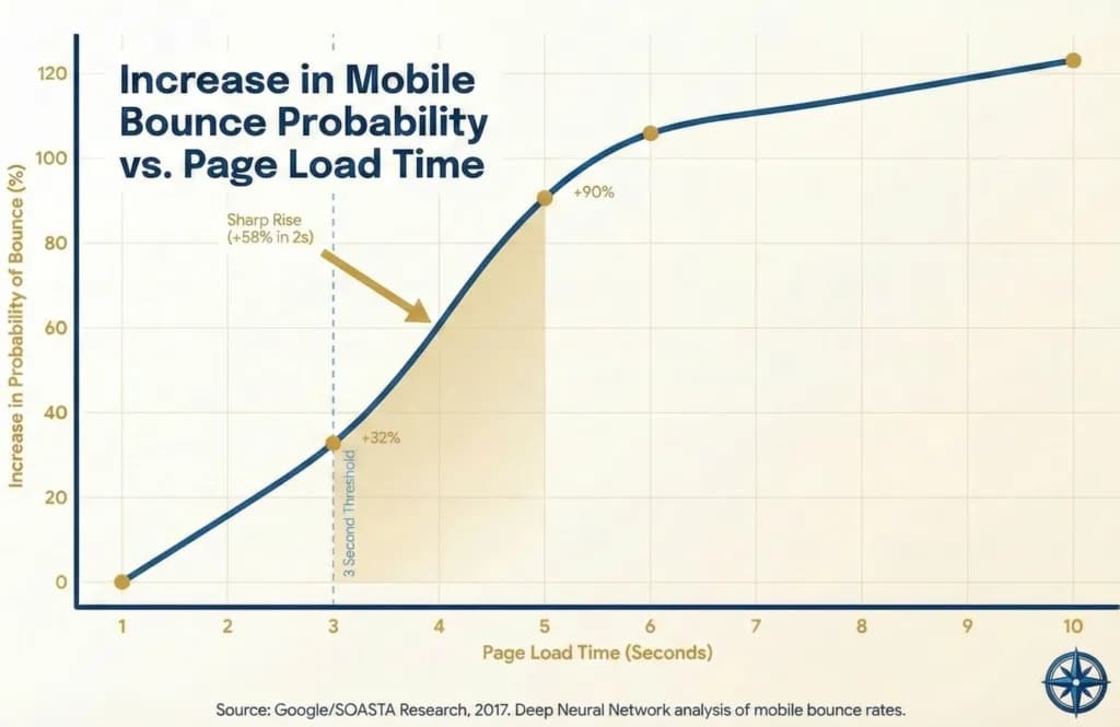 A line graph plots mobile bounce probability against page load time in seconds. The curve rises sharply from 3 seconds to 5 seconds, indicating a severe increase in bounce rate as loading speed slows down.