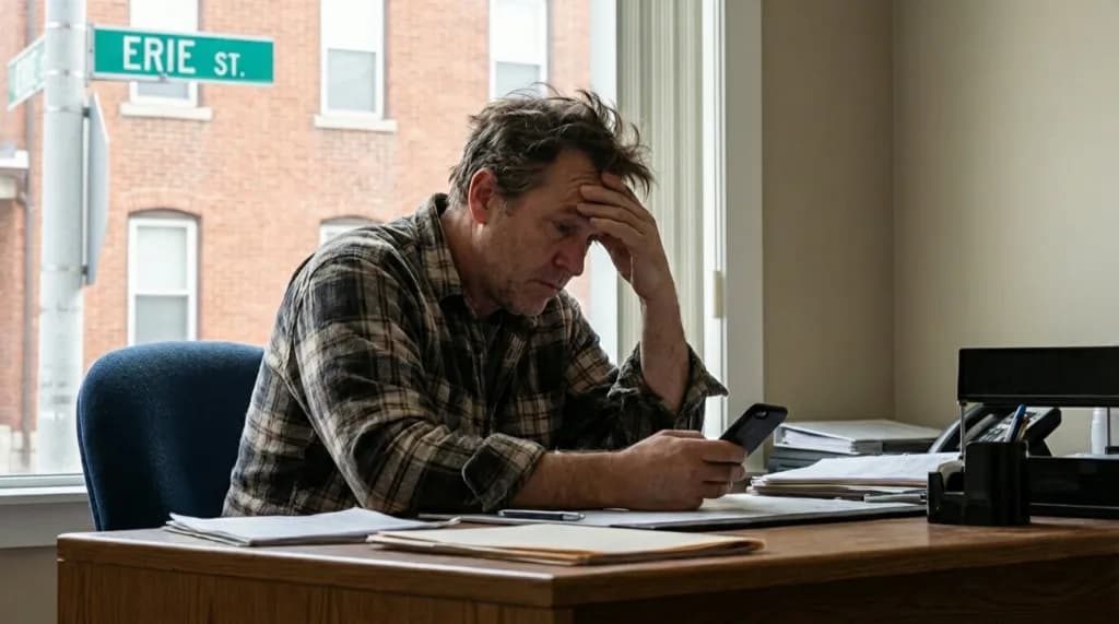 Stressed man in flannel shirt working at a desk in a Wisconsin office.